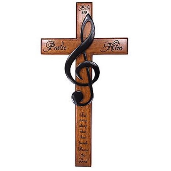 Solid Mahogany Wall Cross with Treble Clef - Psalm 150 “Praise Him” - Picture 1 of 8